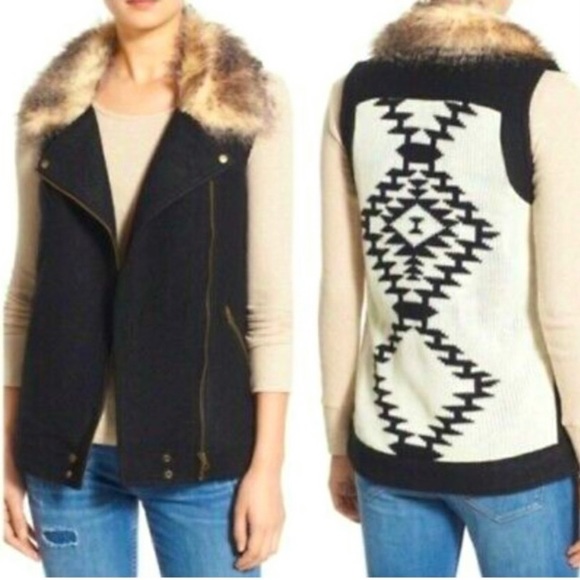 Thread & Supply~Womens Southwestern Print Faux Fur Collared Wool Blend Vest~Sz M - Picture 1 of 16